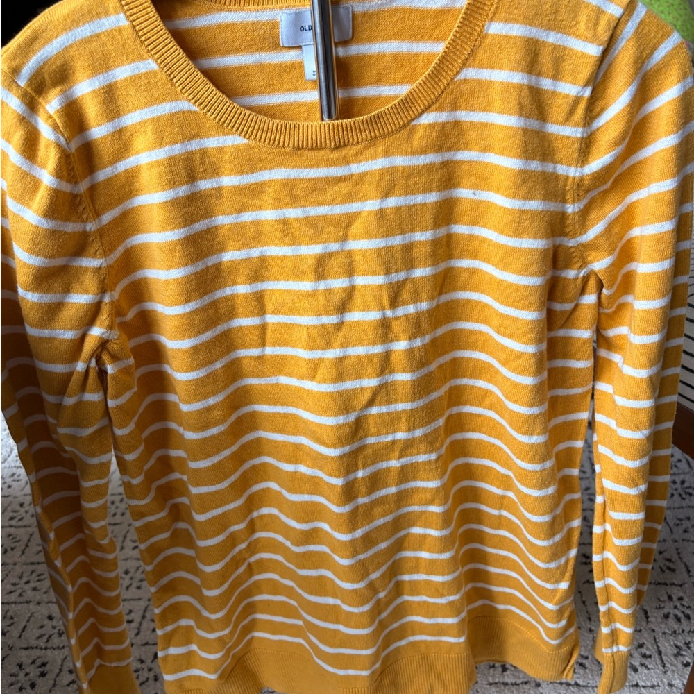 Old Navy Mustard and White Striped Crew Neck Sweater